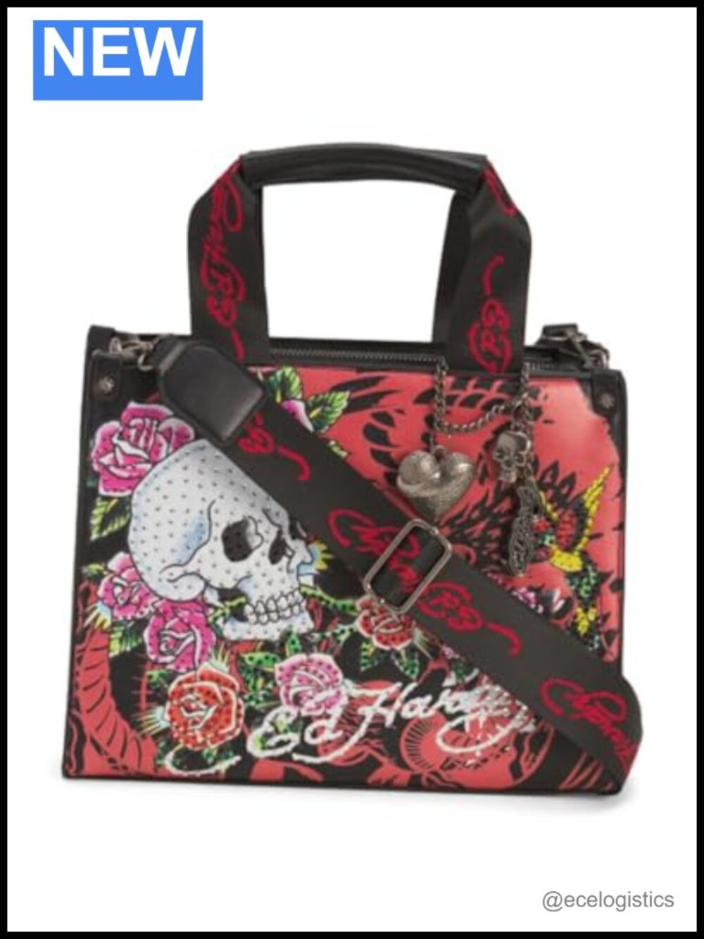 Ed Hardy Rhinestone Skull Tote Bag with Detachable Charm, Adjustable Strap